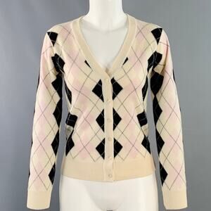 PRINGLE Size S Cream Pink Black Cashmere Argyle V-Neck Cardigan
